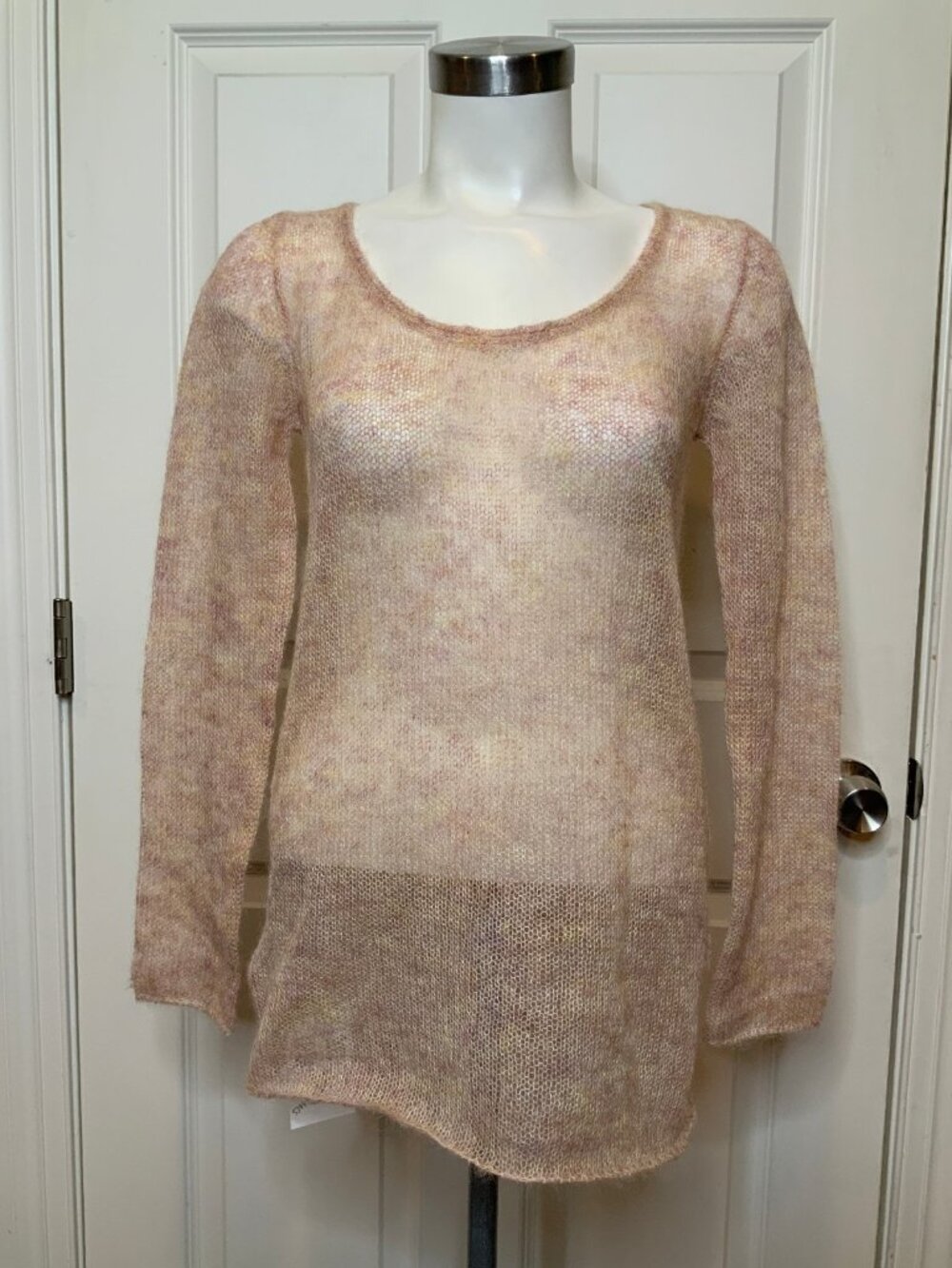 Miu Miu Light Pink & Cream Open Knit Sheer Mohair Blend Sweater, Size 36 | 0